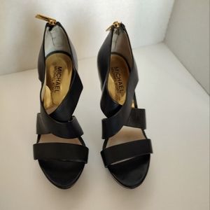 Michael Kors Black Leather Crisscross Strap Heels with Gold Zipper Accent
